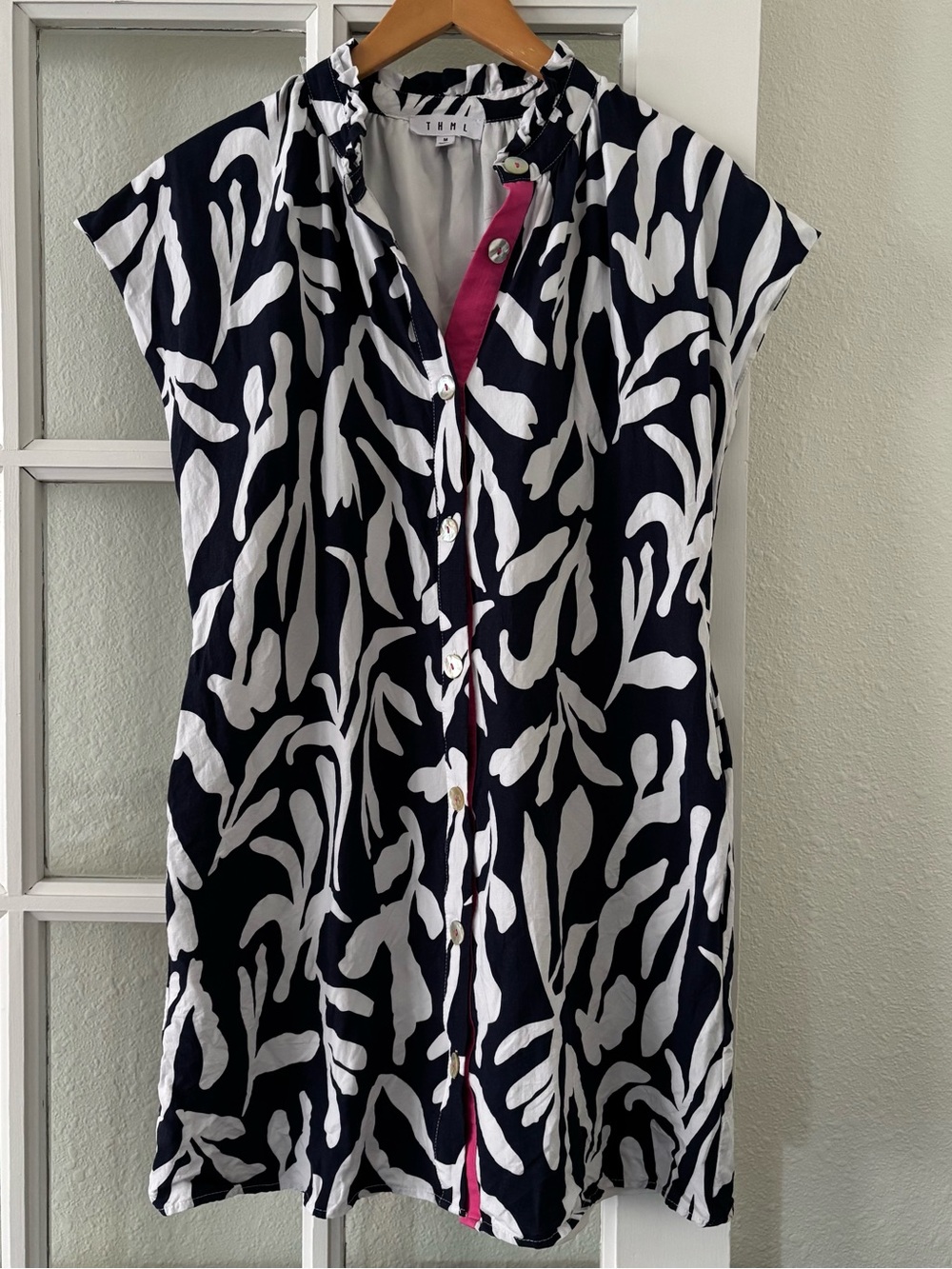 THML Blue & White Button Front Dress with Pink Accents